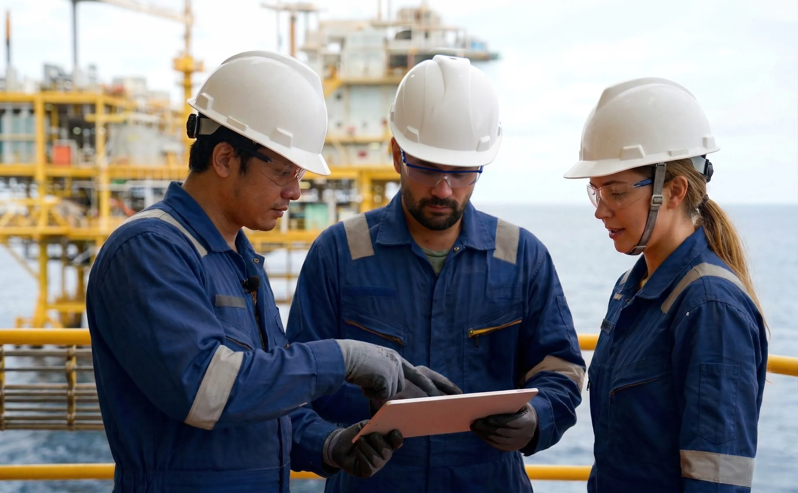 Three offshore engineers wearing hard hats and blue coveralls review a digital tablet on an oil rig platform.