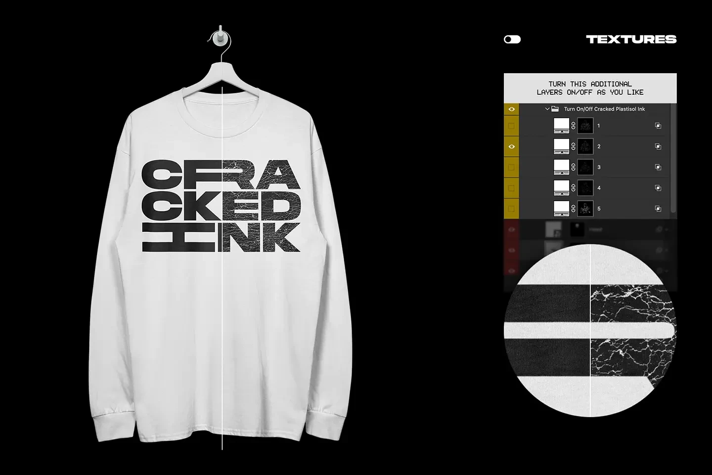 Gildan 2400 long sleeve hanging mockup cracked plastisol ink texture effect