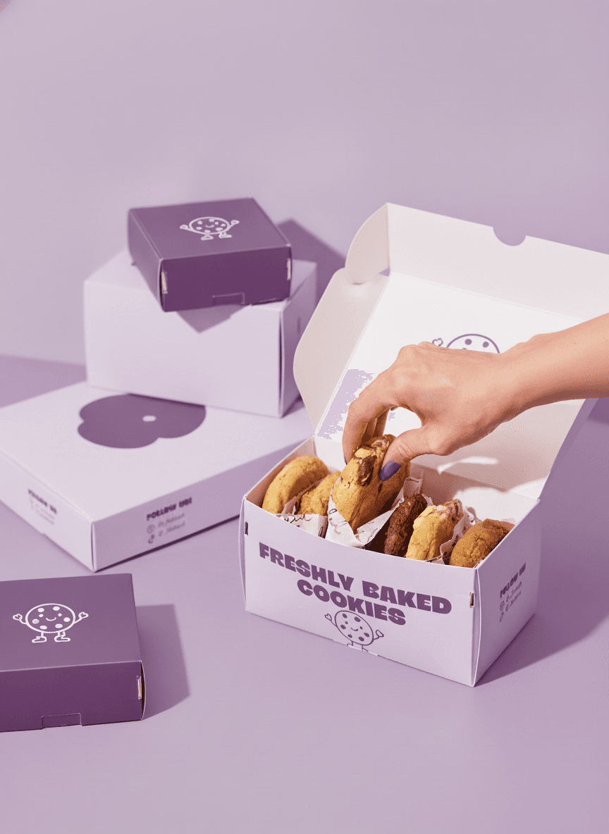 Hand picking cookie from lilac Freshly Baked Cookies box with matching branded packaging