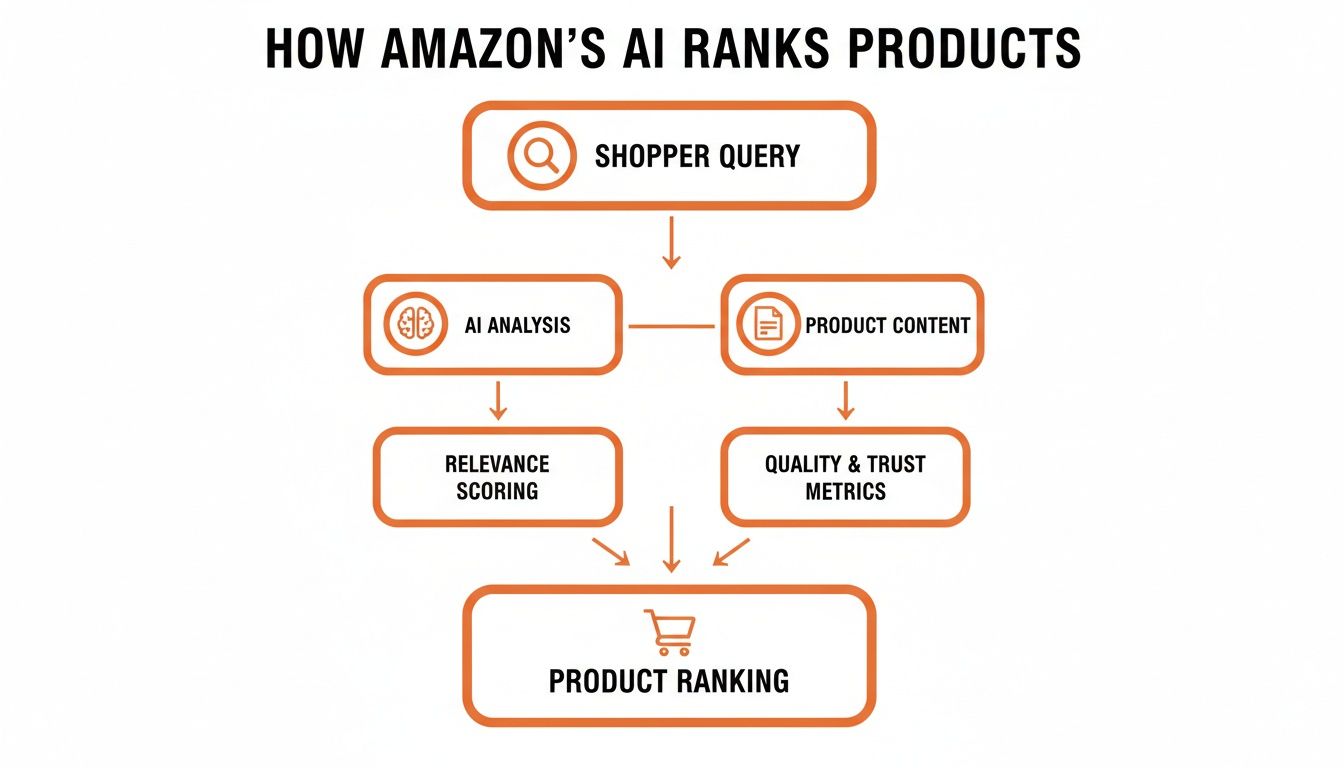 Flowchart detailing how Amazon's AI ranks products, from shopper query to final product ranking.