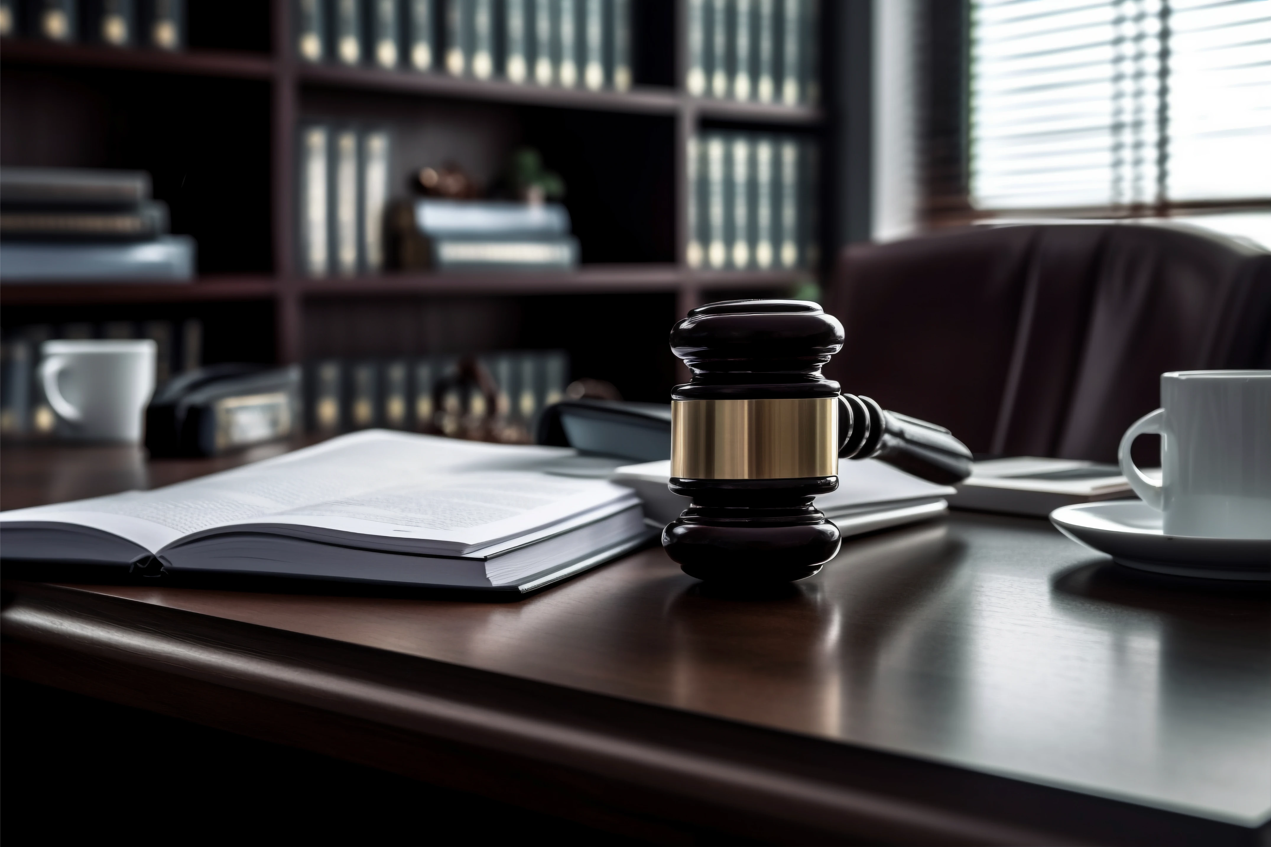 A wooden gavel rests near an open book and a coffee cup on a polished desk in a law office, suggesting authority and professionalism.