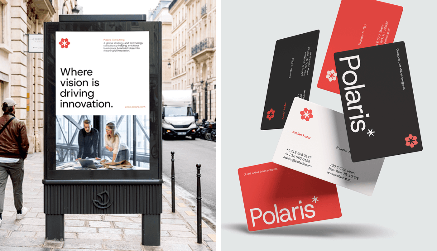 Polaris Consulting brand identity shown across an outdoor billboard and red, black and white business cards.