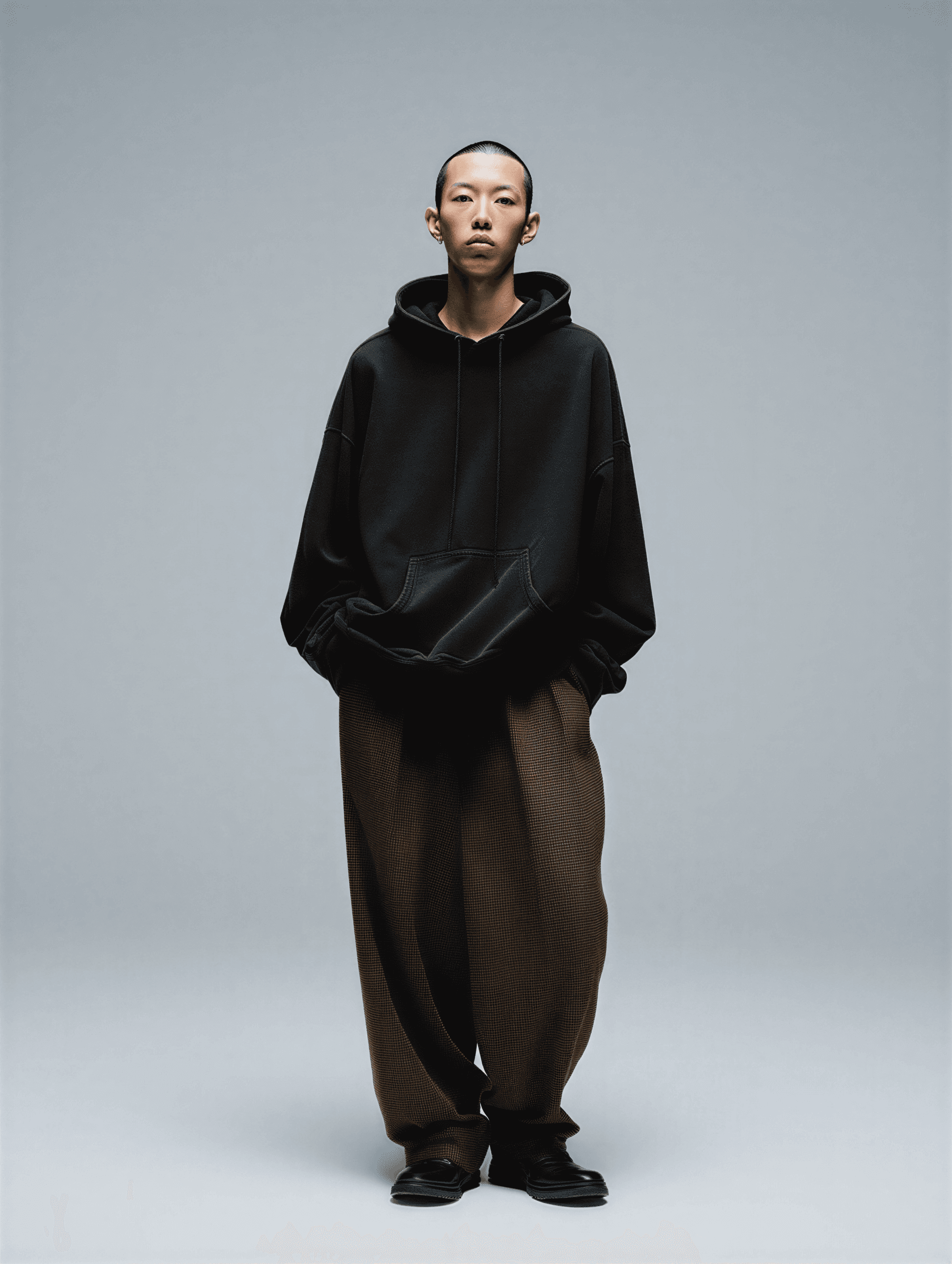 A model wearing baggy sweat shirt and trouser