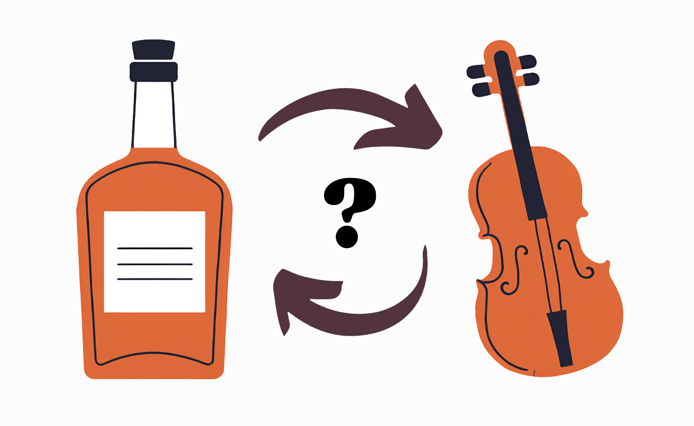 Playful illustration showing a whiskey bottle and a violin connected by a directional arrow, representing branding debate.