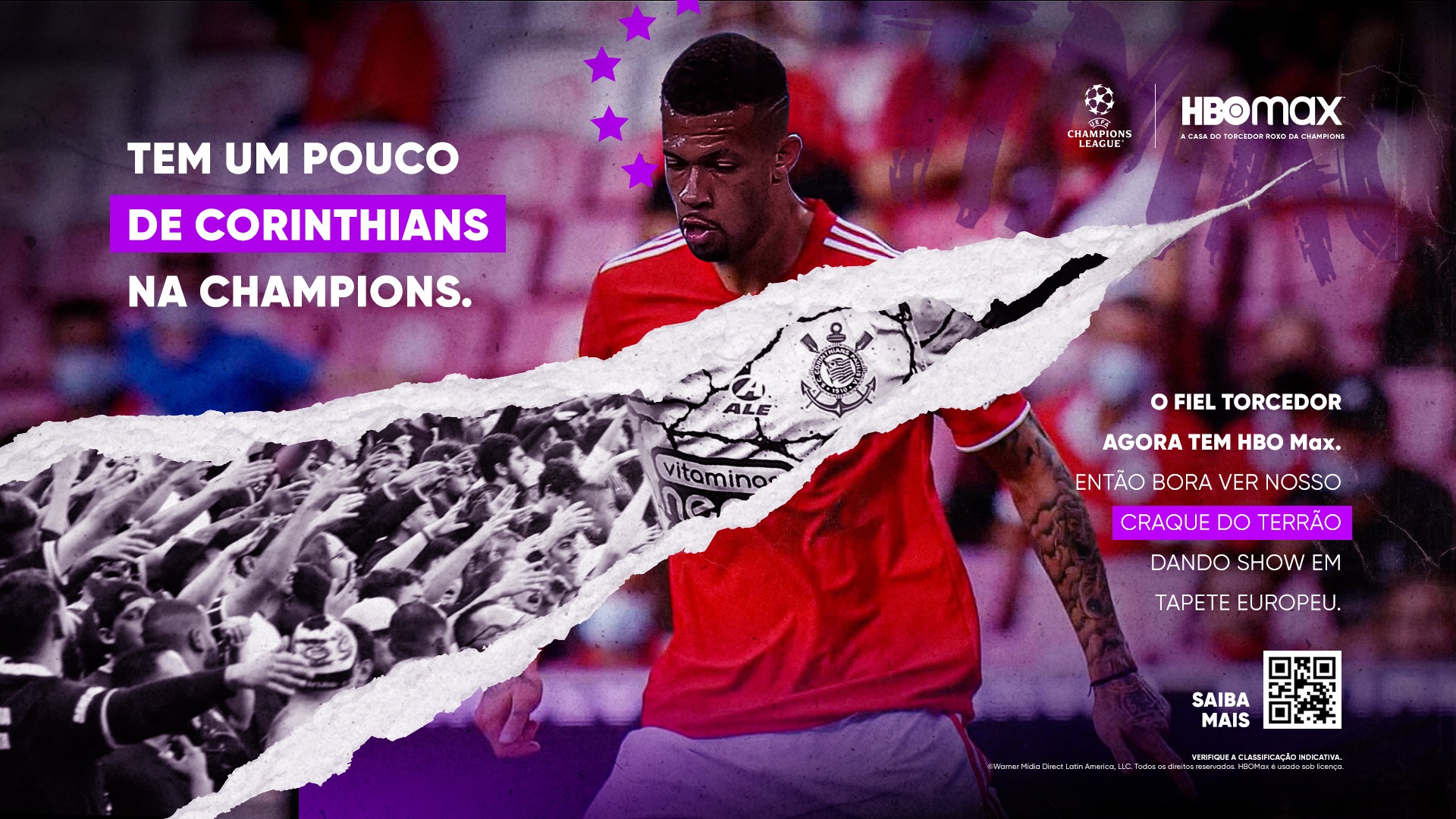 Promotional image of João Victor in a Benfica jersey torn open to reveal a Corinthians shirt underneath.