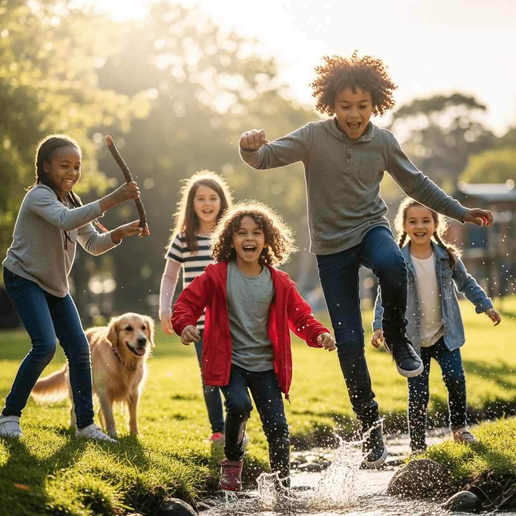 A joyful group of children playing outdoors, splashing through a shallow stream while running together, with a dog beside them and sunlight filtering through the trees.