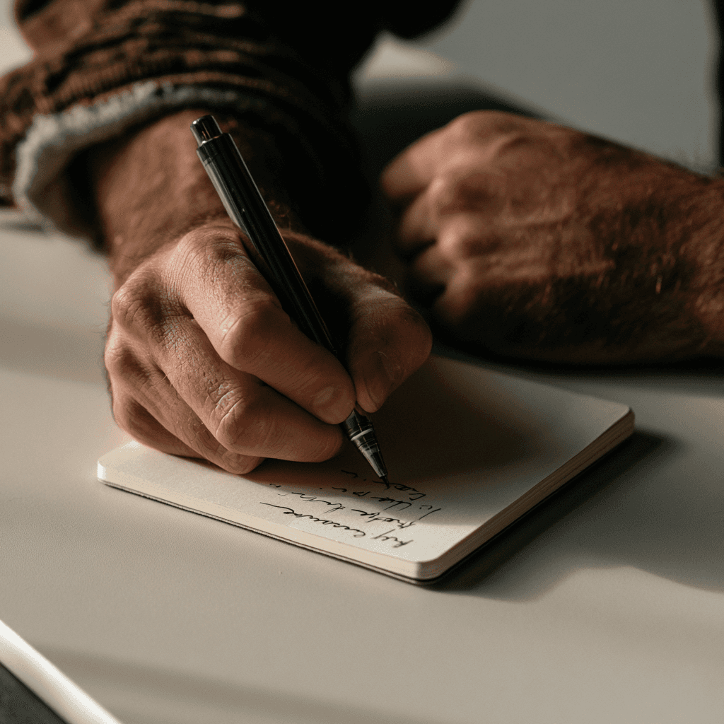 Close-up of a man writing a single short line in a small notebook