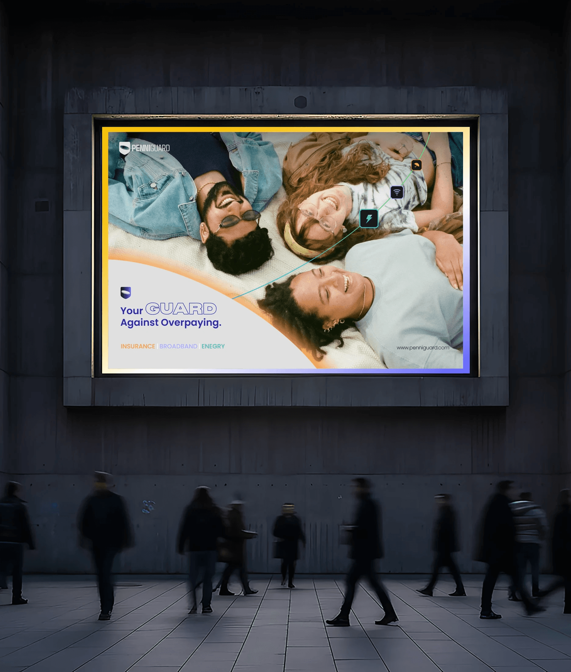 A billboard with happy people on it, night time, motion blur effect, yellow and purple frames highlight the image of 3 happy people lying on the ground. 