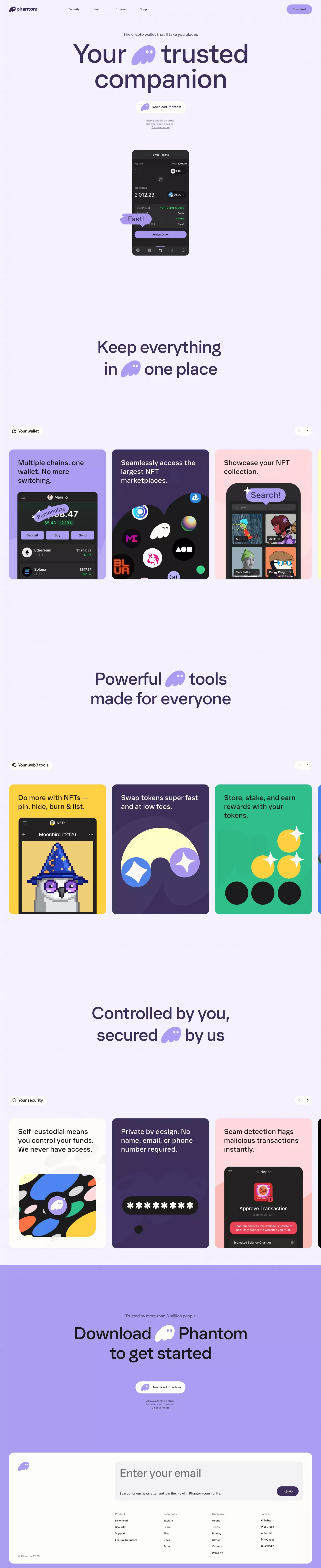 Phantom landing page screenshot showcasing Design and Tech design