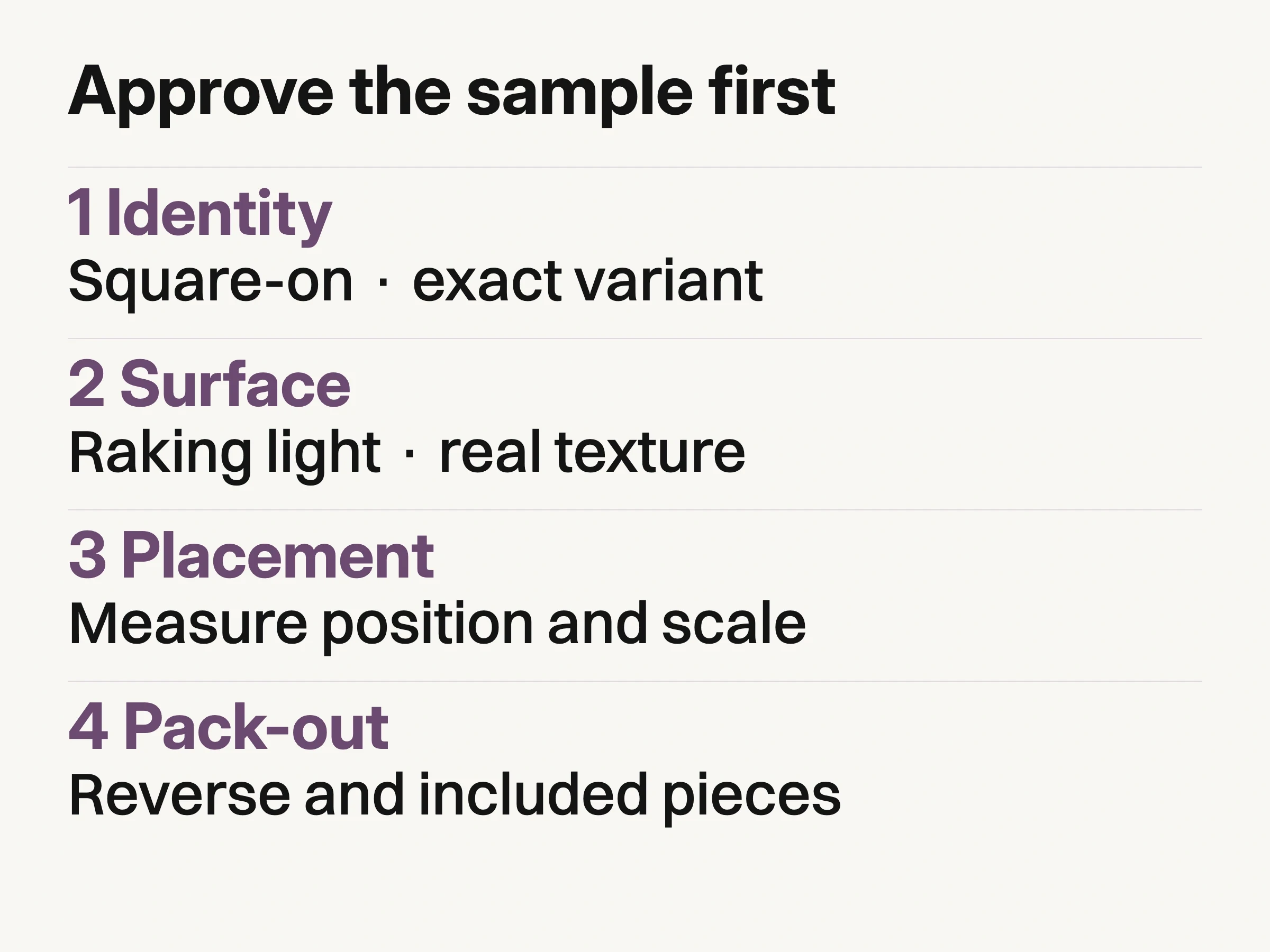 Four stacked sample-approval views: square-on identity, raking-light surface, measured placement, reverse and pack-out