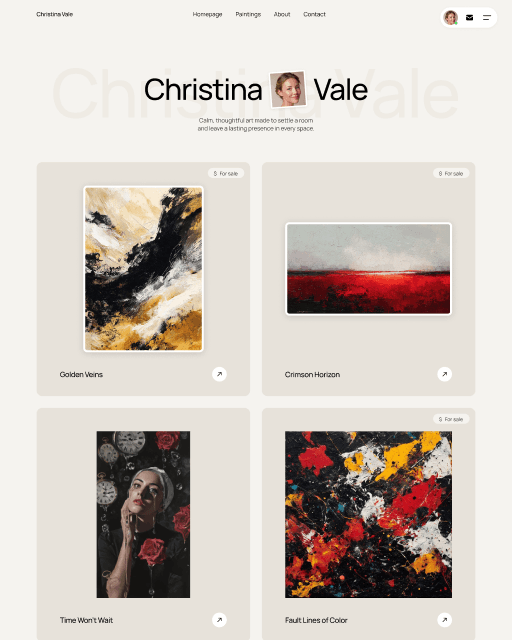 Christina Framer template preview showing homepage and paintings grid