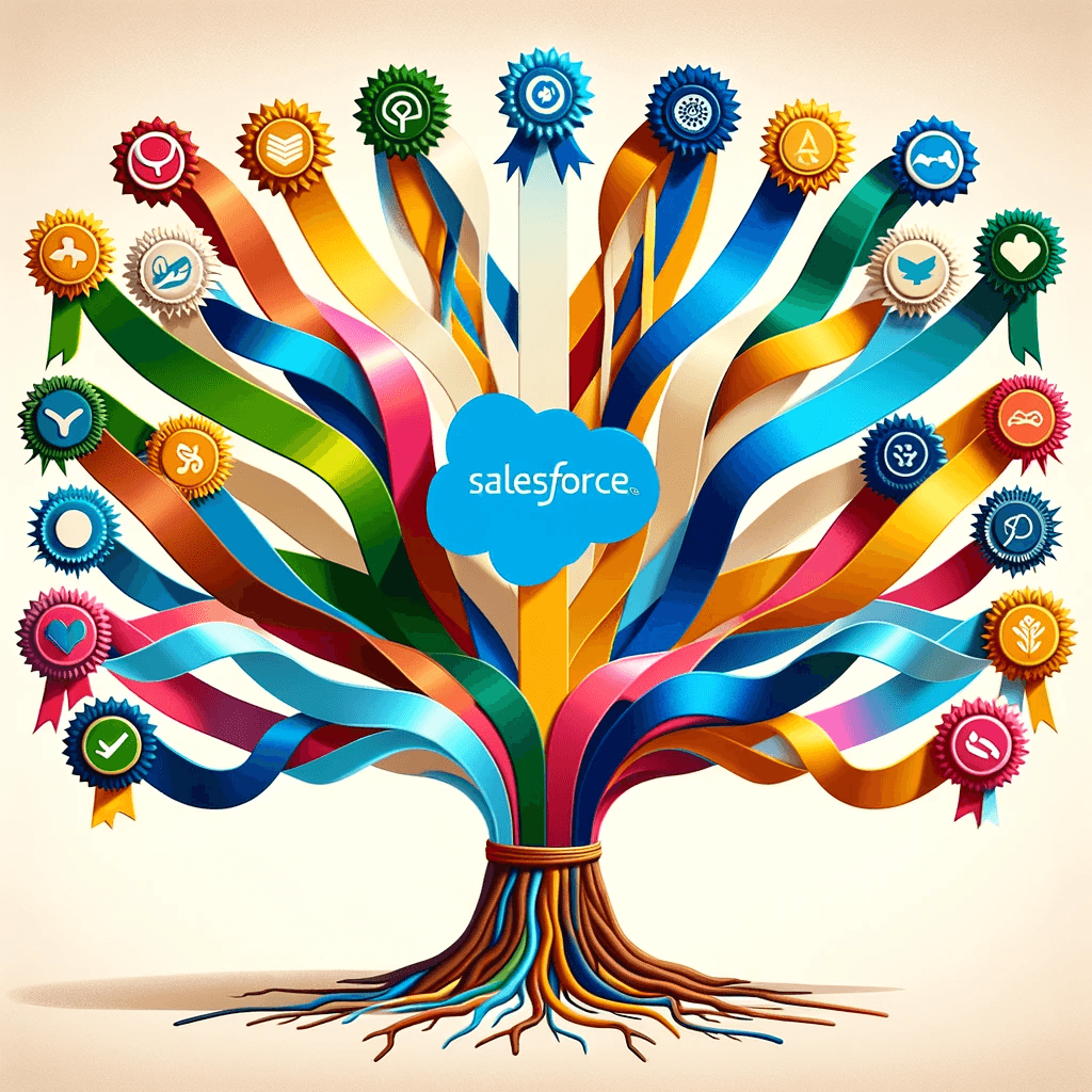 A variety of colored ribbons branching out from a central Salesforce logo, symbolizing diversity and specialization in Salesforce certifications.