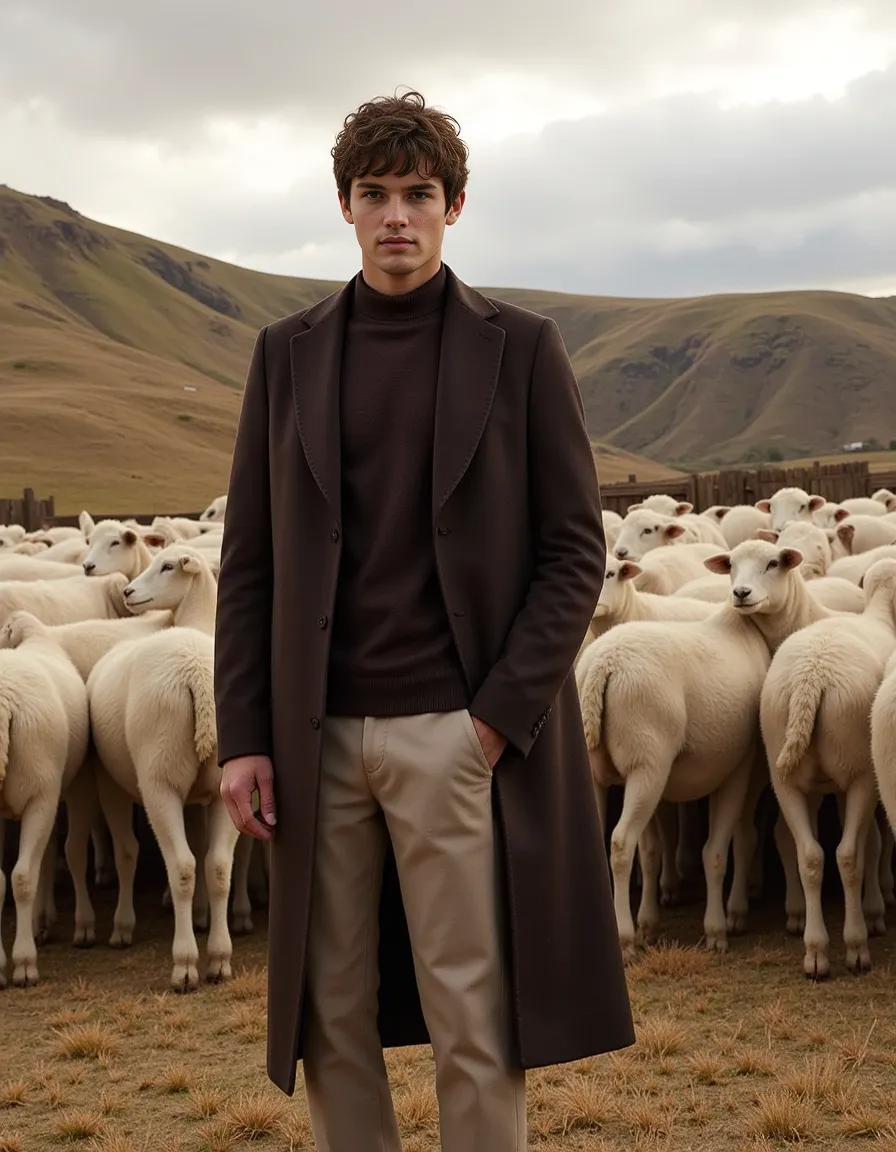 Fashion editorial featuring brown coat and turtleneck amid sheep herd with dramatic countryside hills and moody sky in background