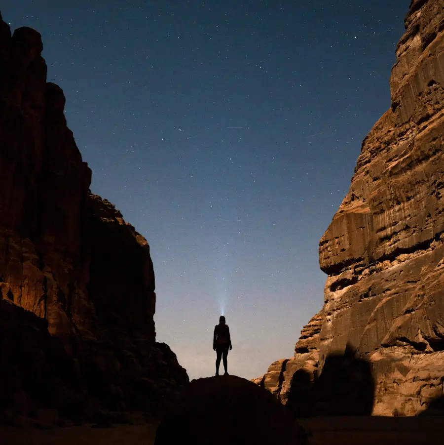 a person standing in the middle of a desert at night