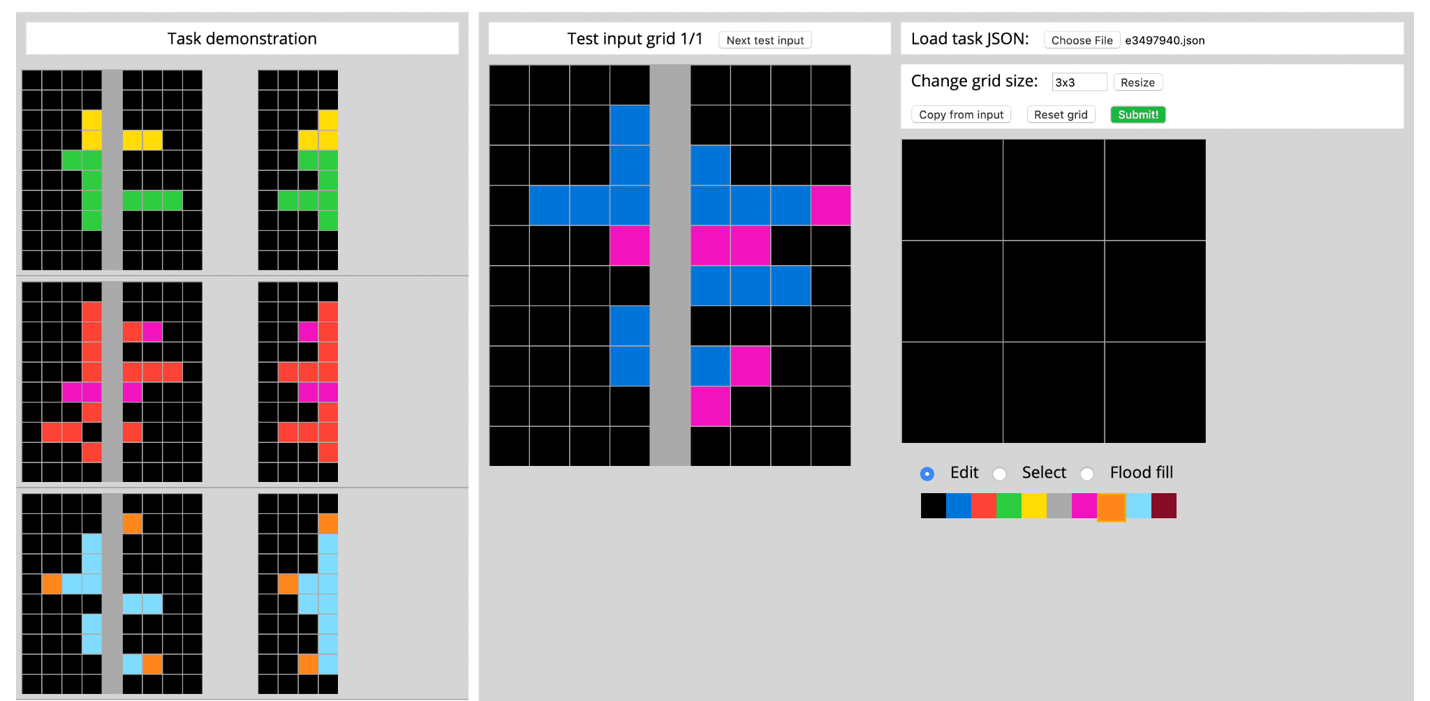 ARC-AGI test interface showing colored grid puzzles used to measure abstraction and reasoning