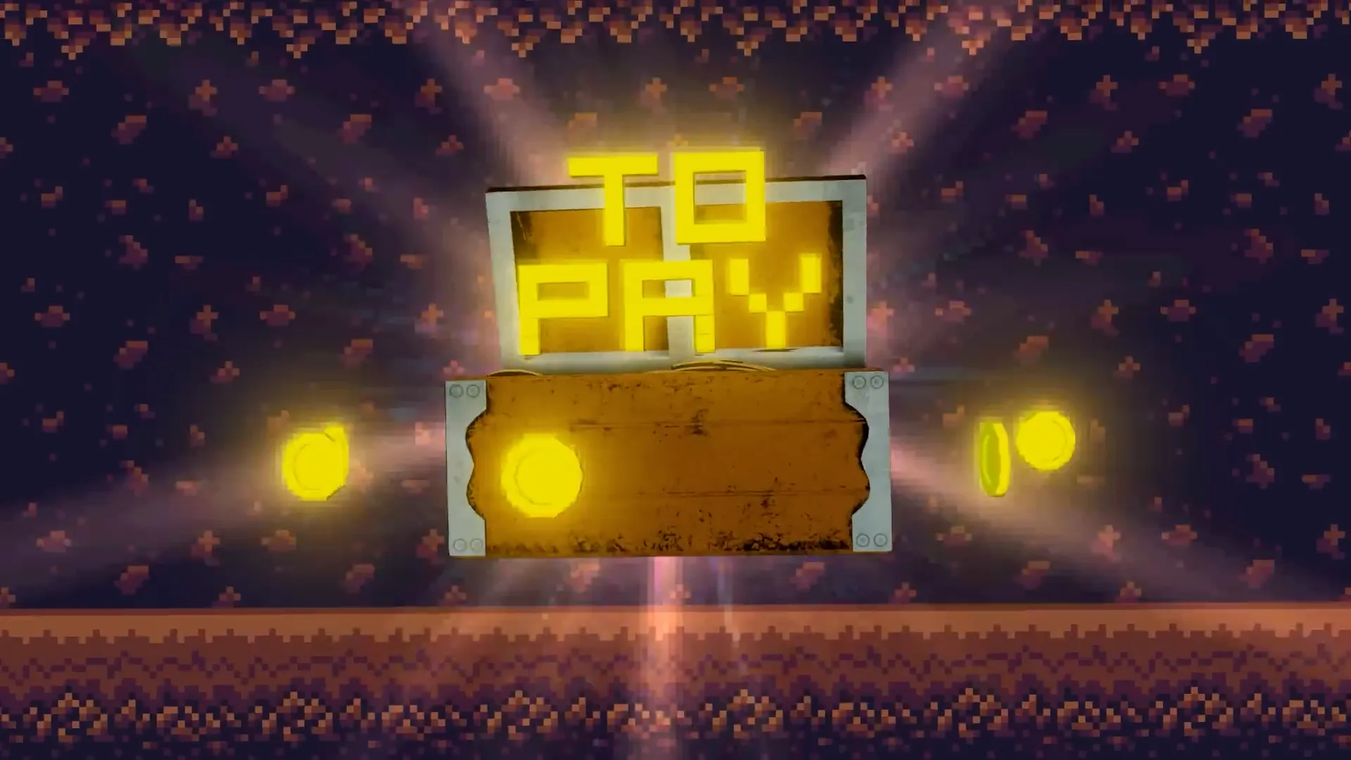 Pixel-art treasure chest glowing with coins in a retro video game scene