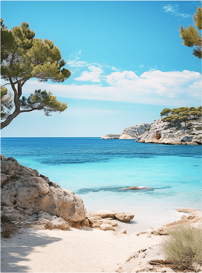 Rocky coastal beach with turquoise water, trees, and clear blue sky on a sunny day.