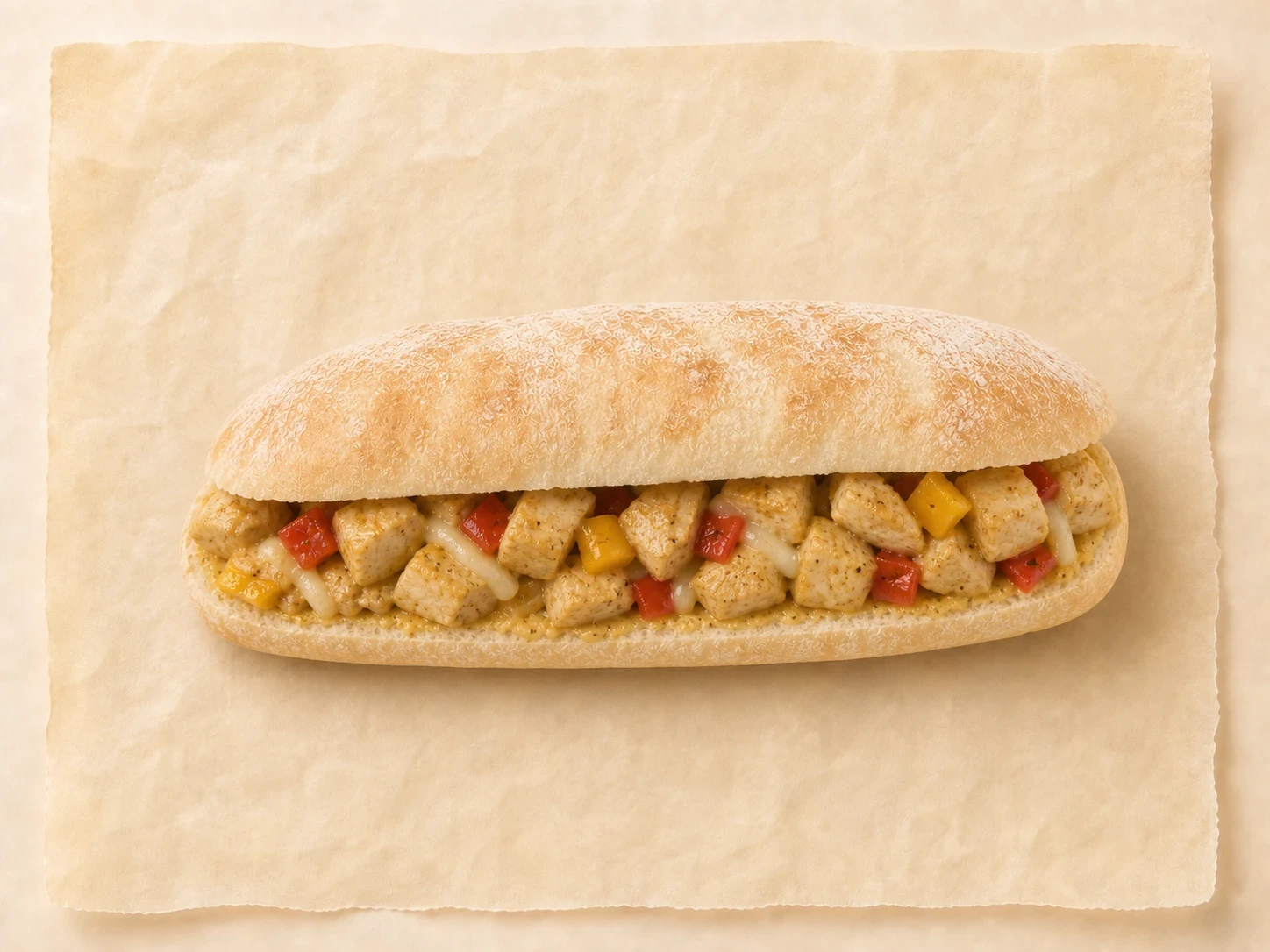 Panini Pollo Curry van Mangia Bene, van bovenaf gefotografeerd