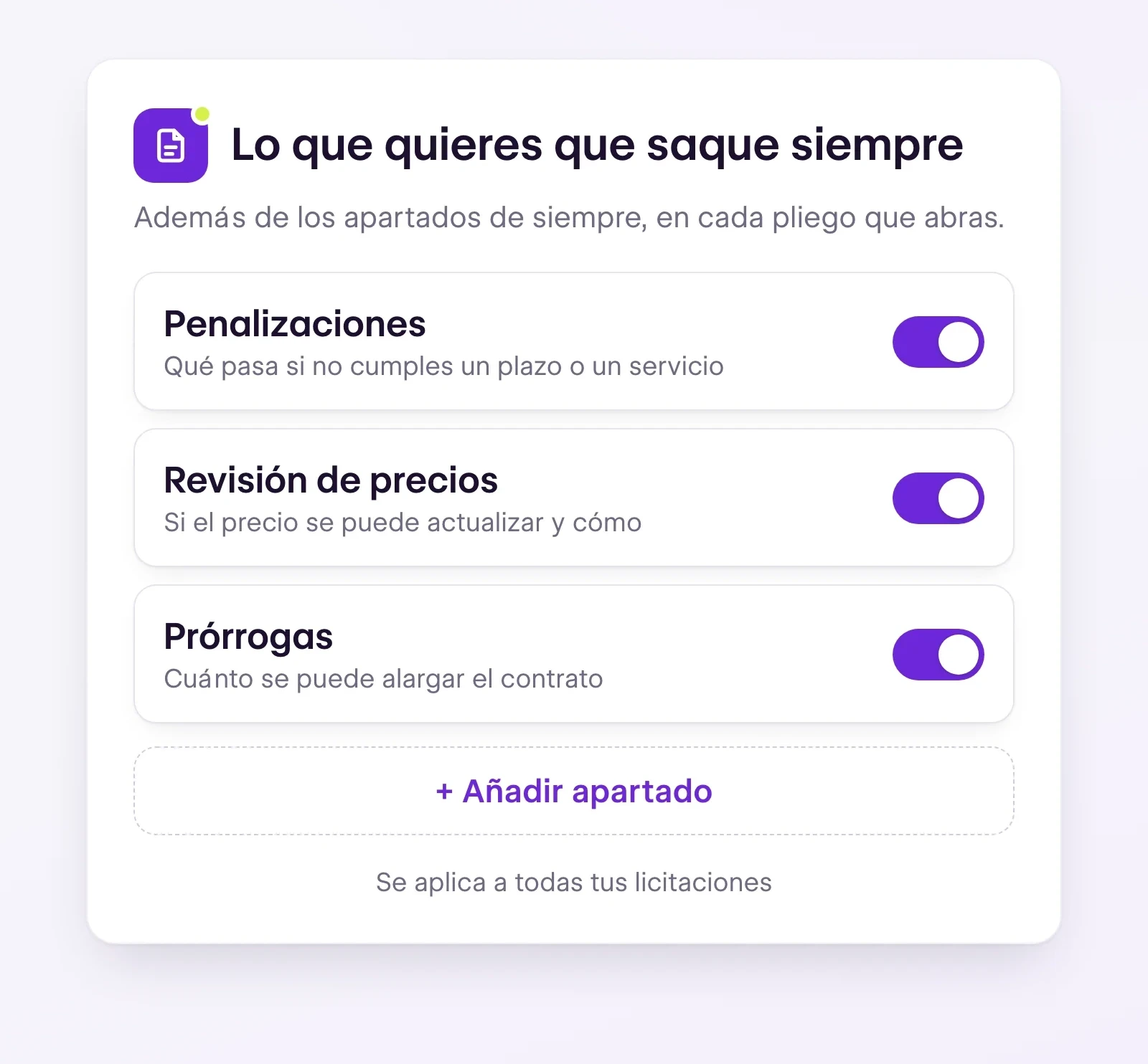 Pantalla de tenderyou «Lo que quieres que saque siempre» con Penalizaciones, Revisión de precios y Prórrogas activados y el botón «+ Añadir apartado»
