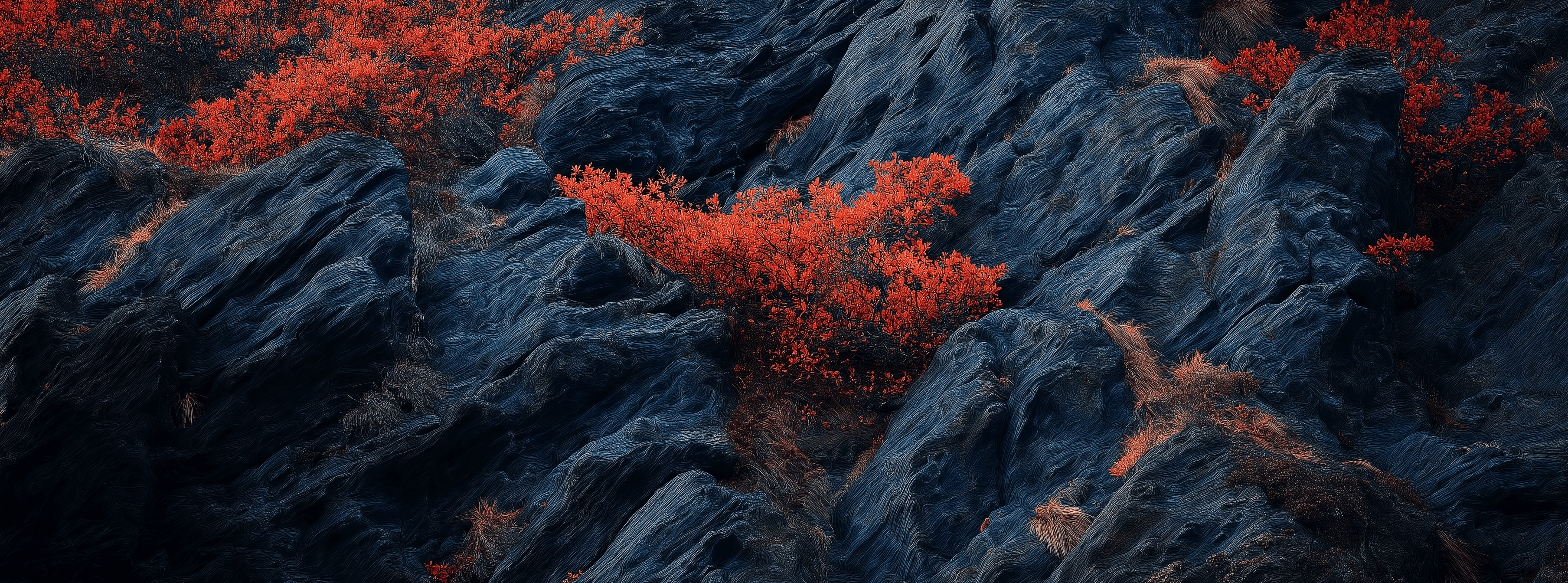 Autumn landscape in a lake, early morning, strong yellow and deep dark blue