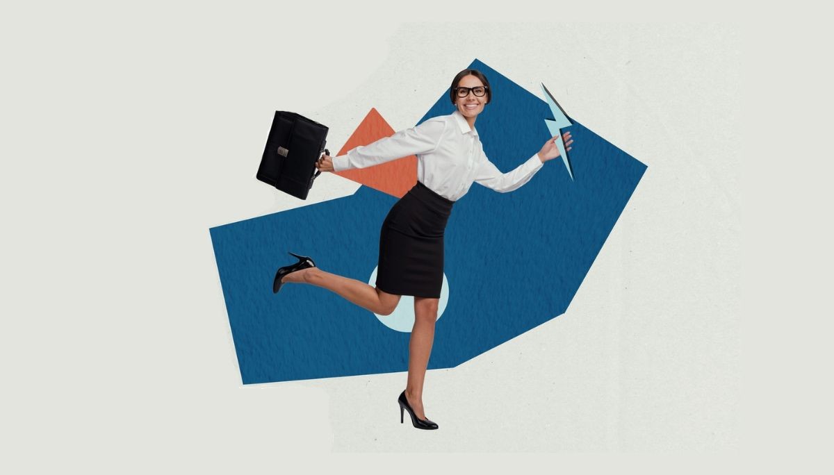 Business professional running with briefcase and lightning bolt, symbolizing best tech recruiters and staffing agencies for engineering hiring.