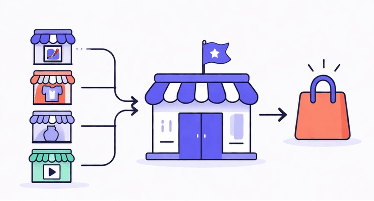 Illustration of a Shopify storefront with multiple vendor stalls inside, showing how a multi-vendor marketplace combines sellers under one store