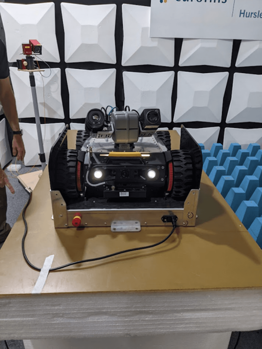 Ross Robotics robot with both cameras during EMC testing in an anechoic chamber