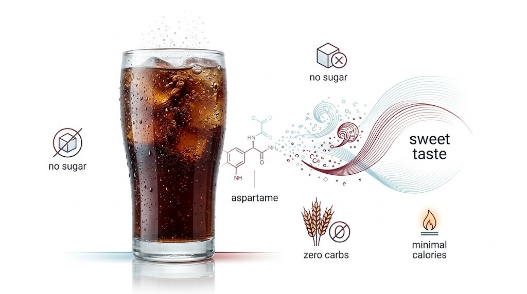 A glass of iced cola with an infographic showing the chemical structure of aspartame, with icons indicating no sugar, zero carbs, and minimal calories for a sweet taste.