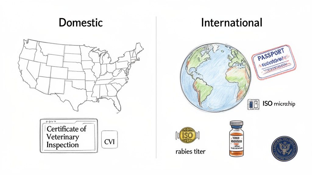 A graphic illustrating requirements for domestic (USA map, CVI) and international (globe, passport, microchip) pet travel.