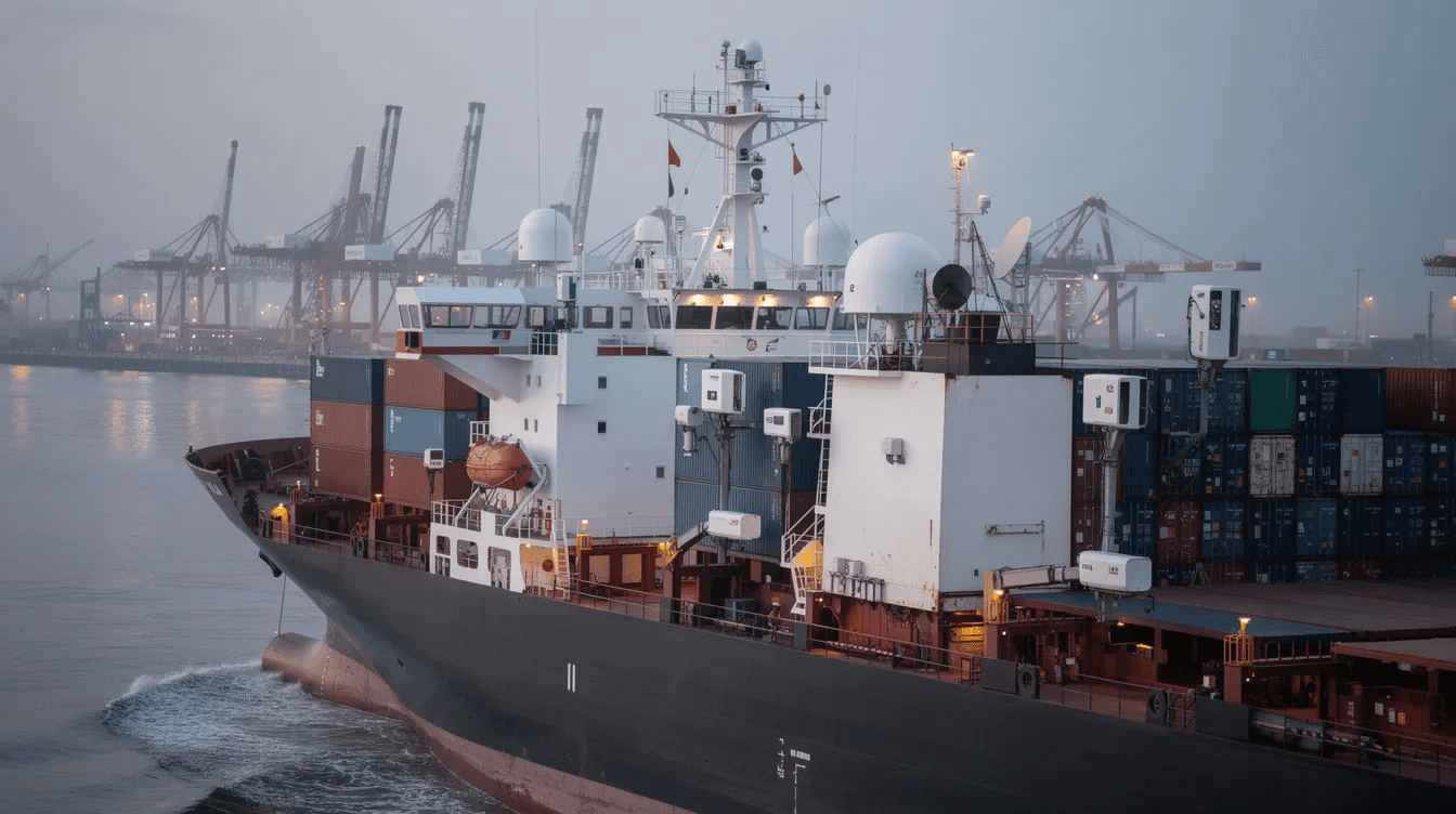 A cargo ship is docked near a port, prominently featuring various sensors and antennas that facilitate remote monitoring and data collection. These IoT devices enhance operational efficiency by enabling real-time data transmission and continuous monitoring of the ship's equipment performance.