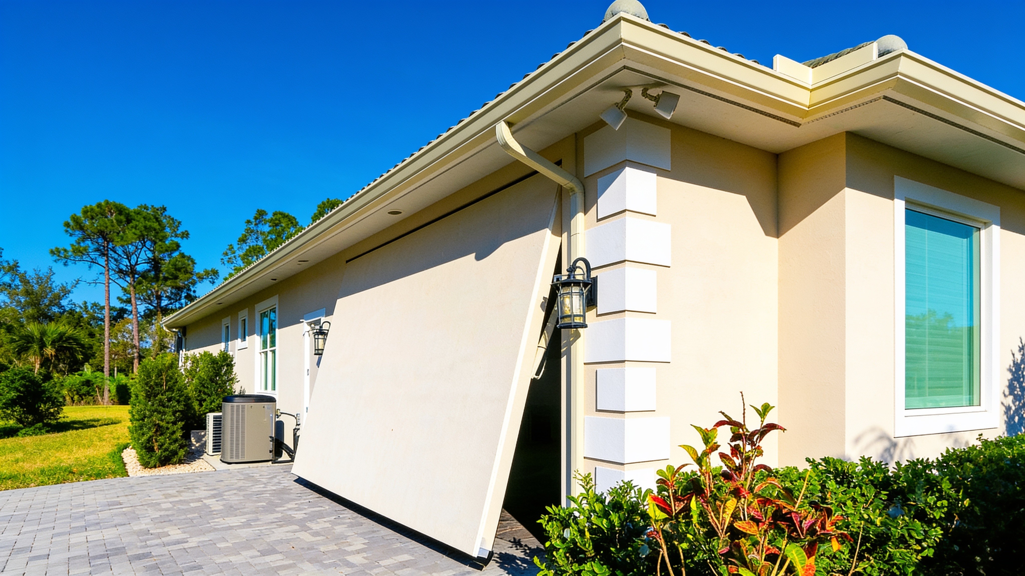 18-foot stucco-finish concealed cylinder garage door open on a home