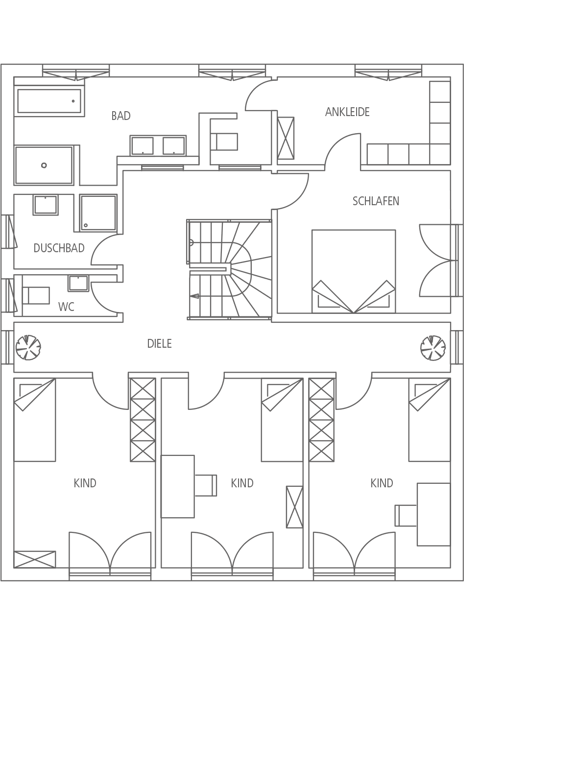 Grundriss einer Etage mit Diele, Schlafzimmer, Ankleide, Bad, Duschbad, WC und drei Kinderzimmern.