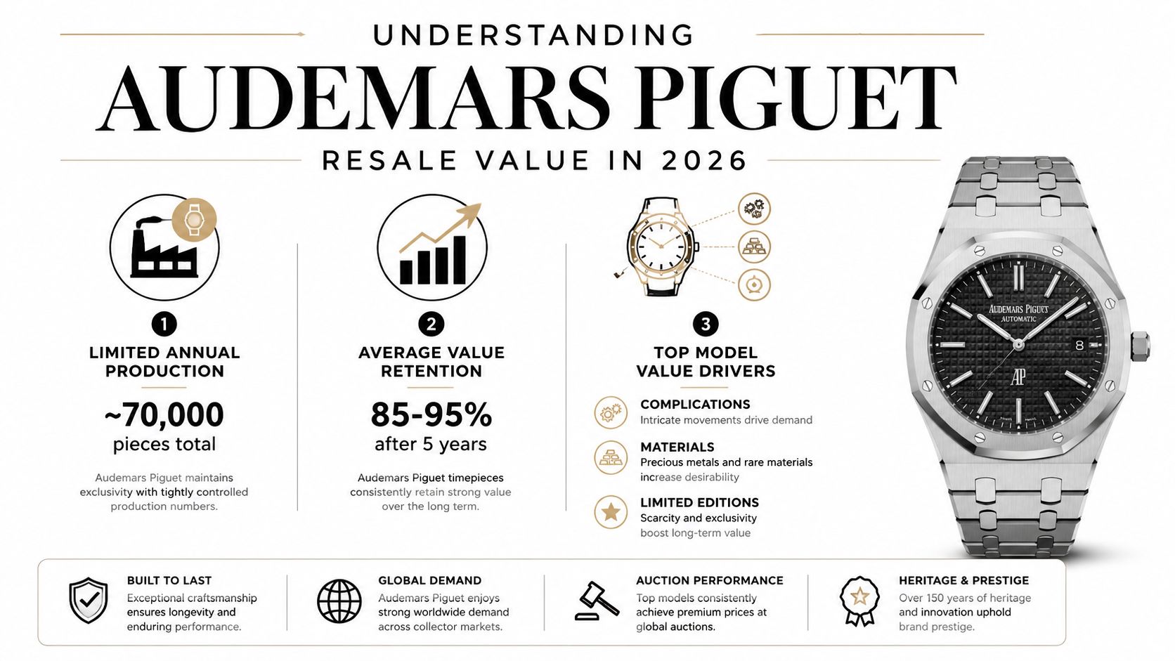 An infographic showing factors affecting the long-term resale value of Audemars Piguet luxury watches in 2026.