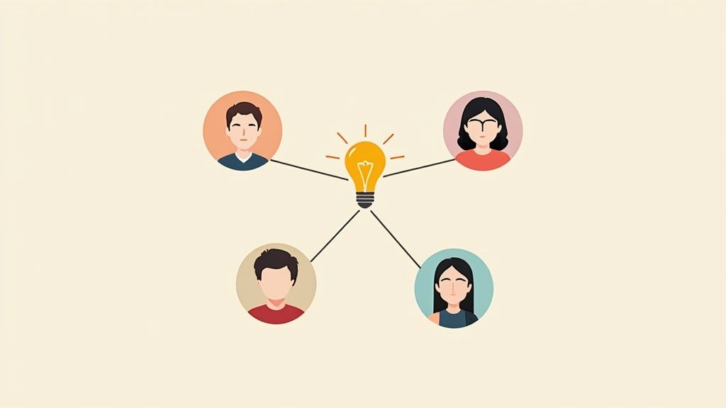 Four diverse team members connected to central lightbulb representing collaborative idea sharing and engagement
