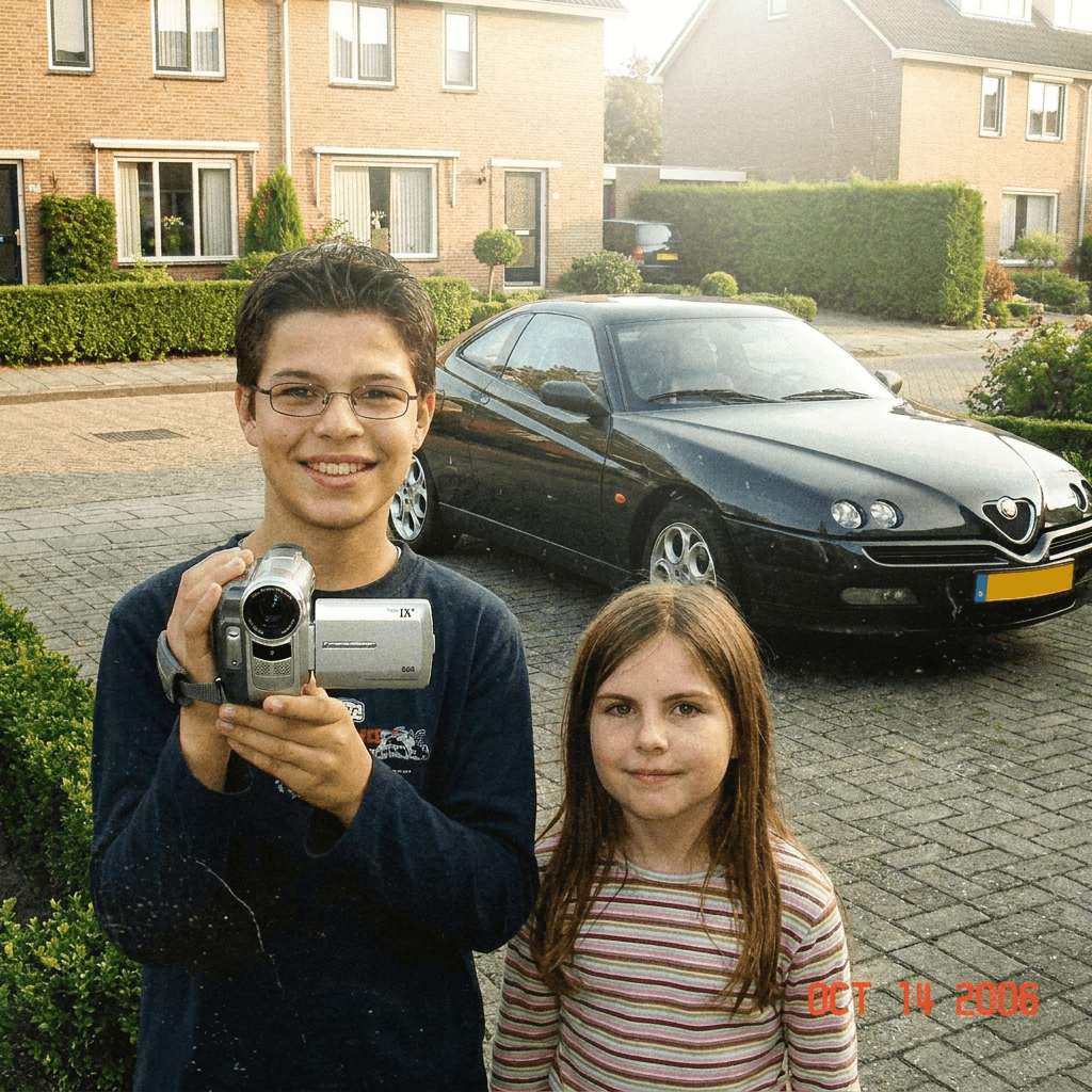 Tom als kind met een videocamera, naast zijn zus