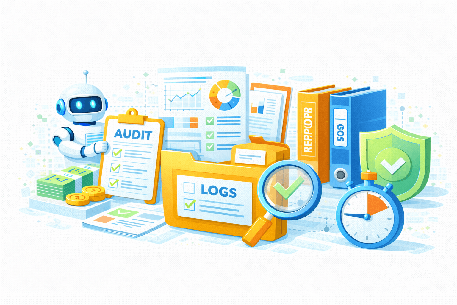 Ilustrasi automated audit, logging, dan kepatuhan berbasis AI. Di sisi kiri, AI/robot assistant memegang clipboard “AUDIT” dengan checklist bertanda centang, berdampingan dengan uang/koin yang merepresentasikan data finansial yang diaudit. Di tengah, folder “LOGS” dengan kaca pembesar menandakan penelusuran jejak audit dan monitoring aktivitas. Di belakangnya terlihat laporan analitik dengan grafik tren dan pie chart.  Di sisi kanan, binder arsip (REPORTS/LOGS), perisai hijau bertanda centang (keamanan & compliance), serta stopwatch melambangkan kontrol waktu, SLA, dan audit trail berkelanjutan. Visual menggambarkan orkestrasi audit otomatis, pencatatan log, verifikasi, dan kepatuhan end‑to‑end yang aman dan terdokumentasi.