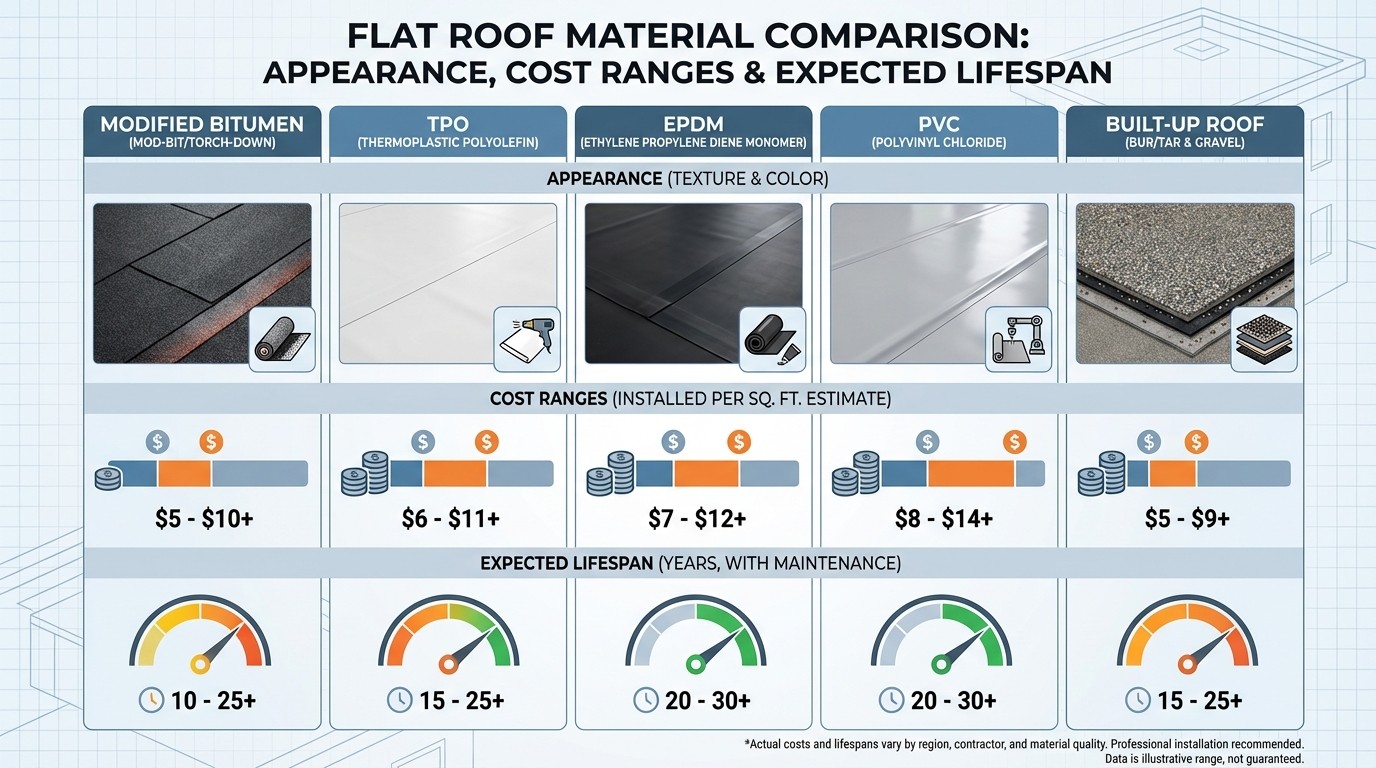 Flat roof materials comparison chart showing EPDM, TPO, PVC, modified bitumen, and built-up roofing costs and lifespans
