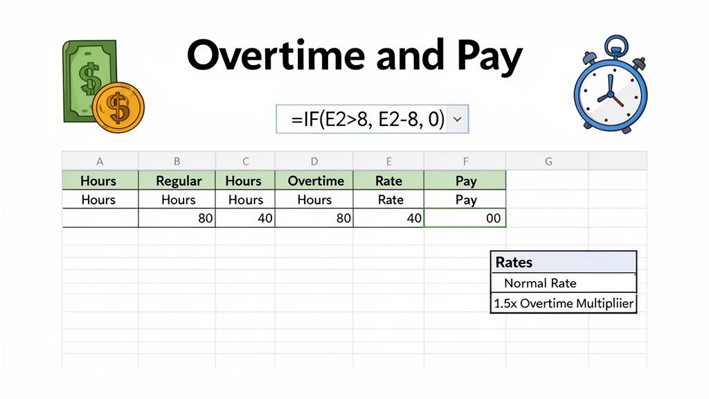 An Excel spreadsheet demonstrating overtime and pay calculations, including regular hours, overtime, rate, and total pay.