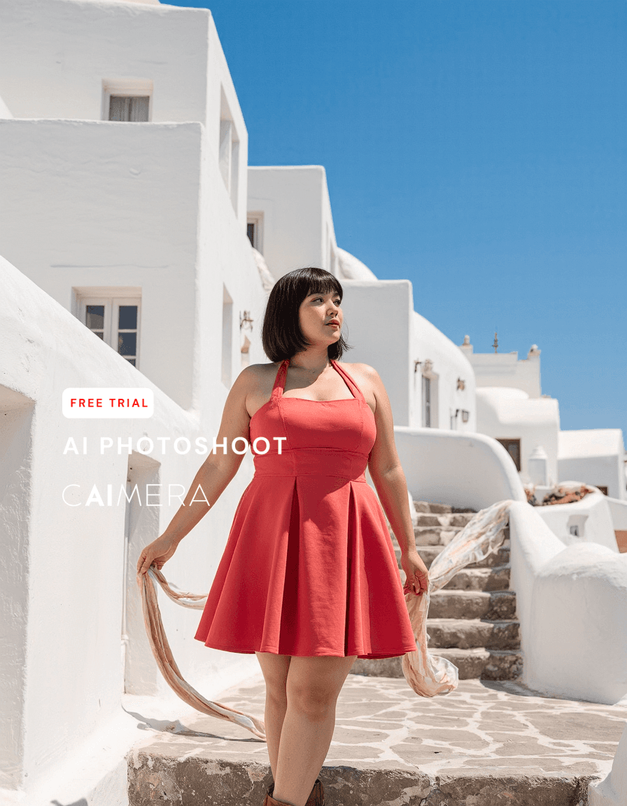 A coral halter dress stands out against pristine white Mediterranean architecture under bright blue skies, creating a perfect summer aesthetic