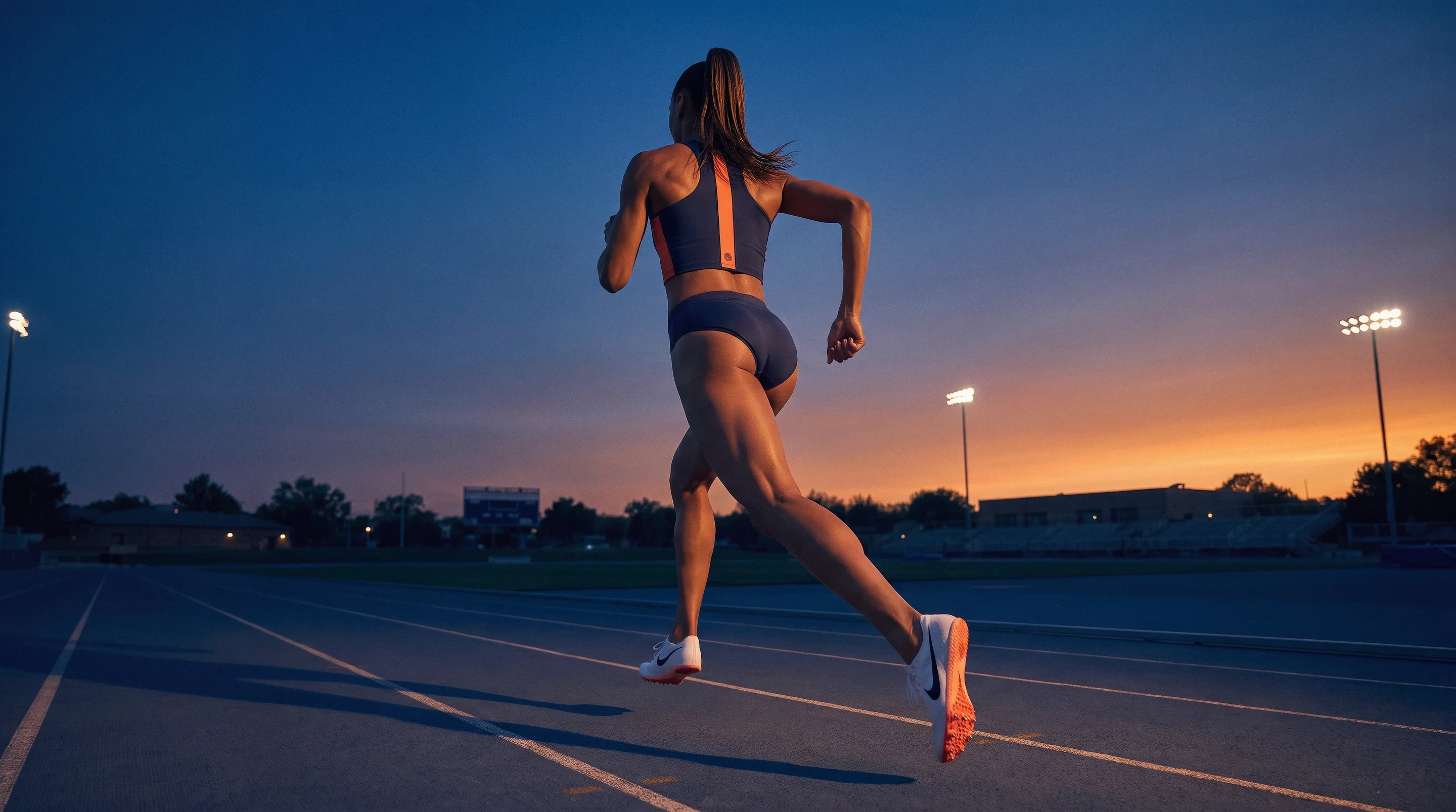 Close-up from behind of running shoes at the starting line before a race.