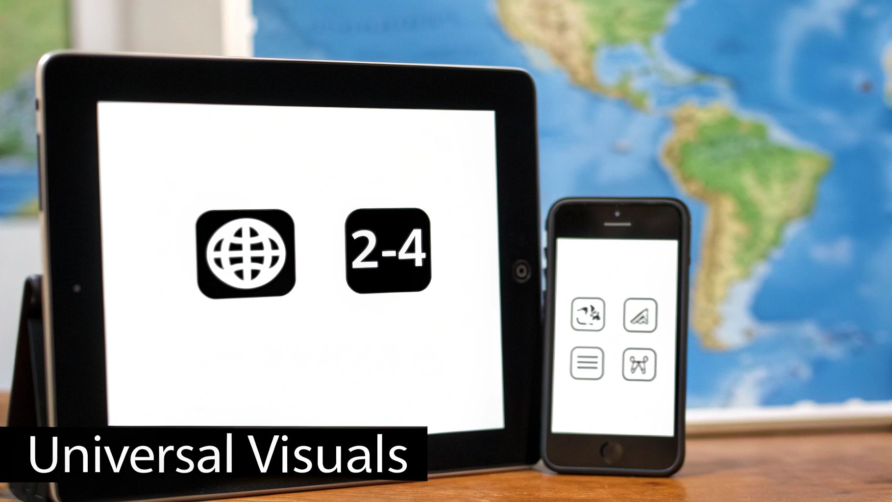 An iPad and an iPhone display various app icons and symbols against a blurred world map.