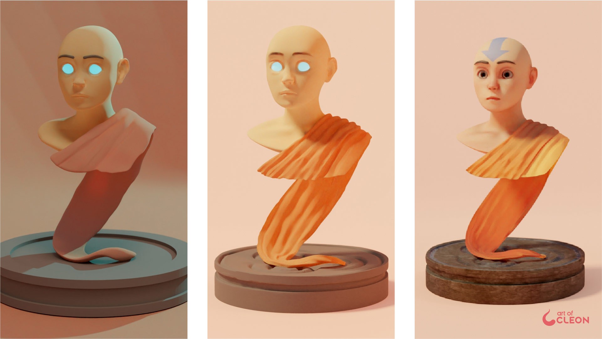 Three stages of Aang’s 3D bust, progressing from a clay sculpt to the first textured character.