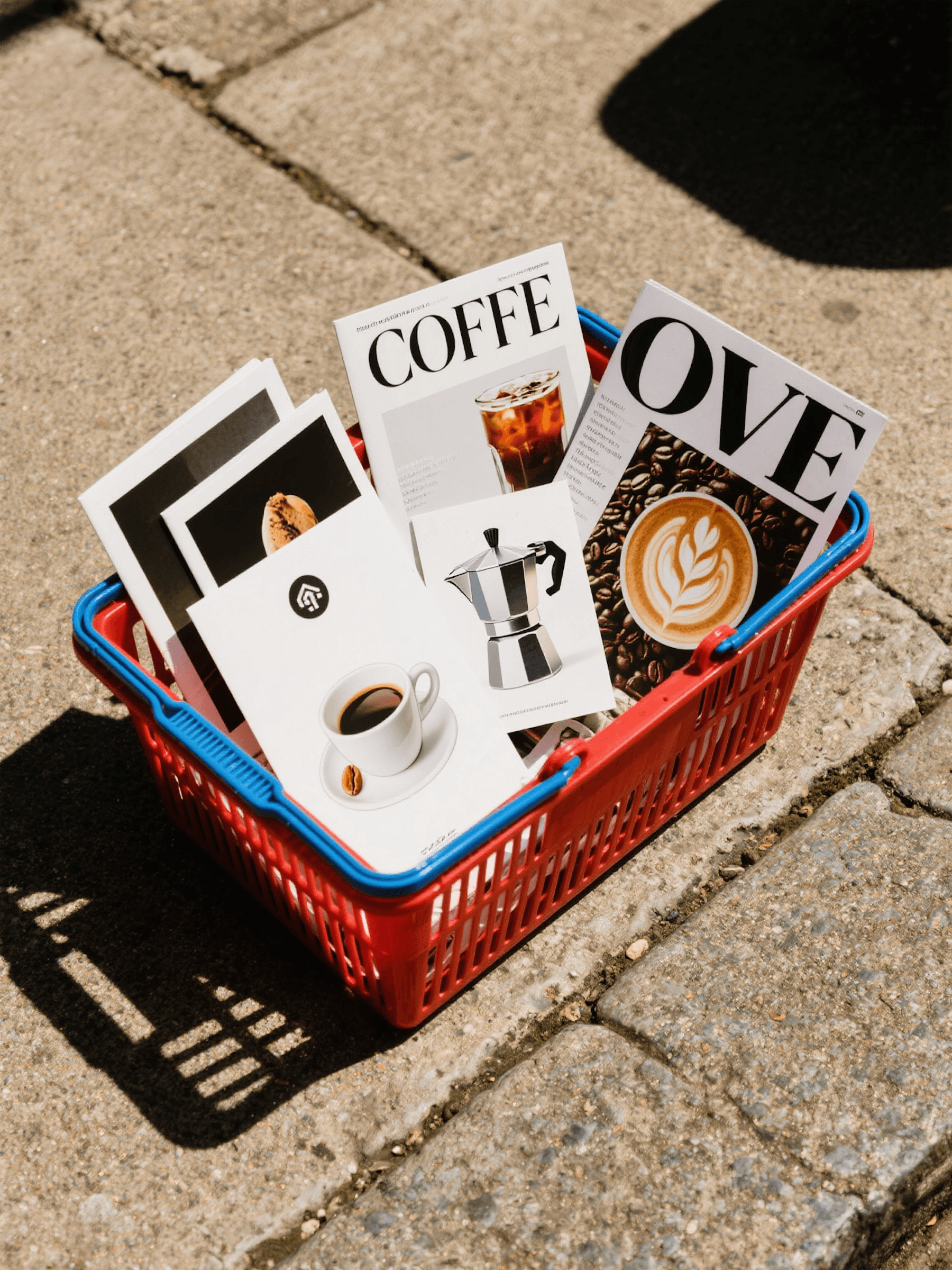 Red shopping basket with coffee-themed print cards and polaroids on pavement