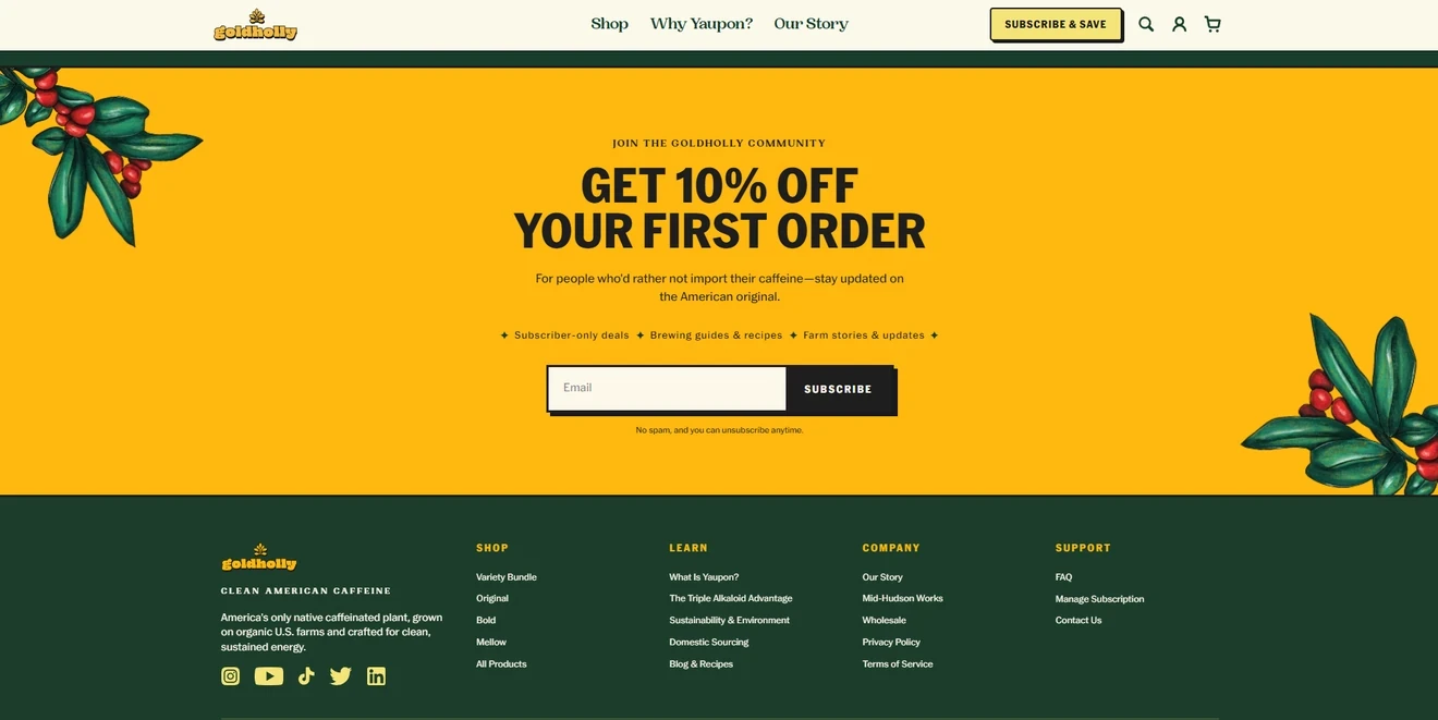 Goldholly full-width embedded newsletter form offering 10% off the first order