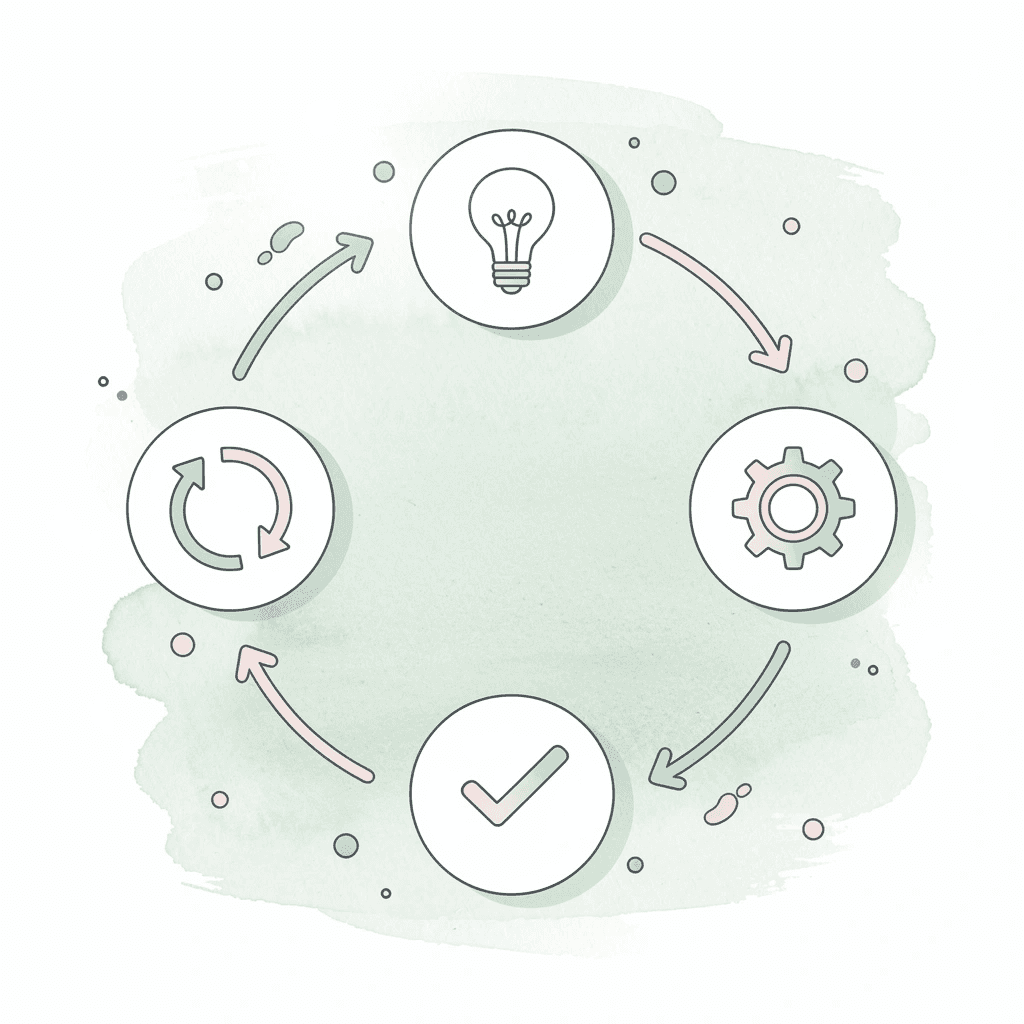Icon cycle showing the repeating loop of changing prices, inventory, articles, and reports