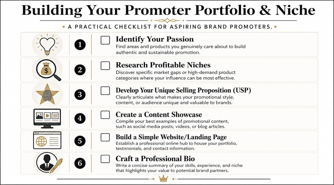 A six-step checklist for aspiring brand promoters to build a professional portfolio and find their niche.