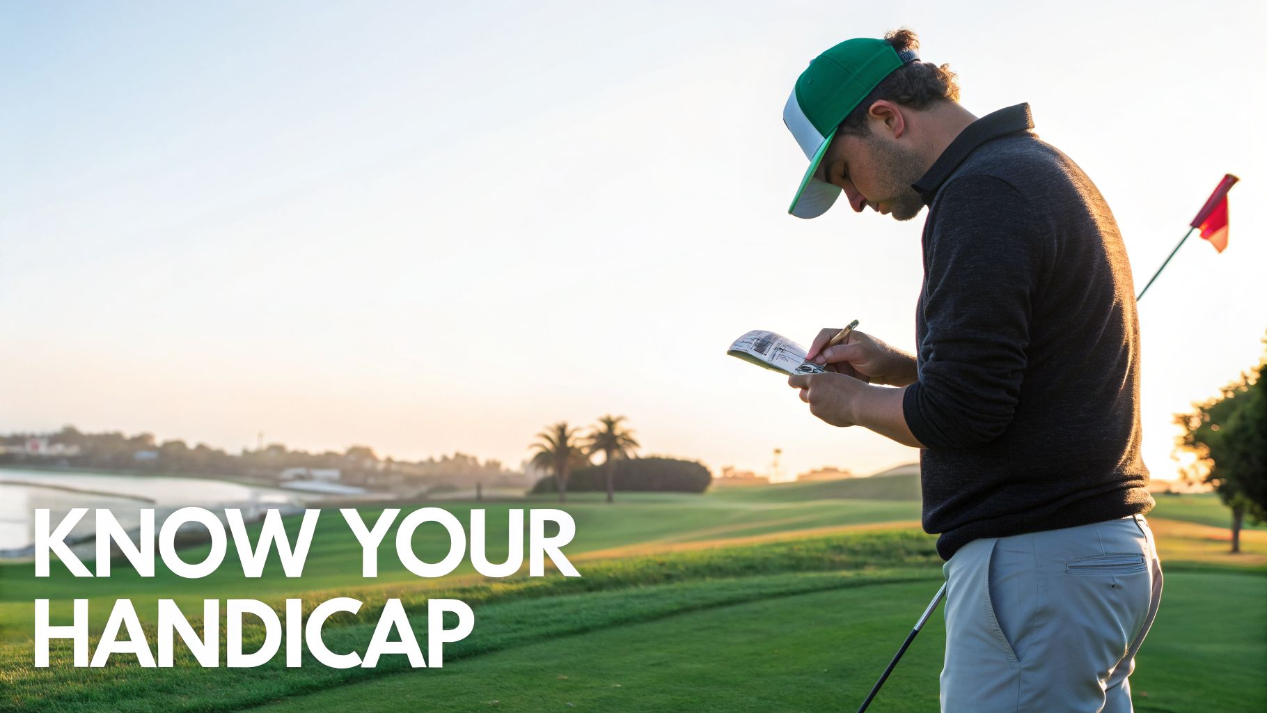 Golfer in a green cap writing on a scorecard on a sunny golf course with a flag and water in the background.
