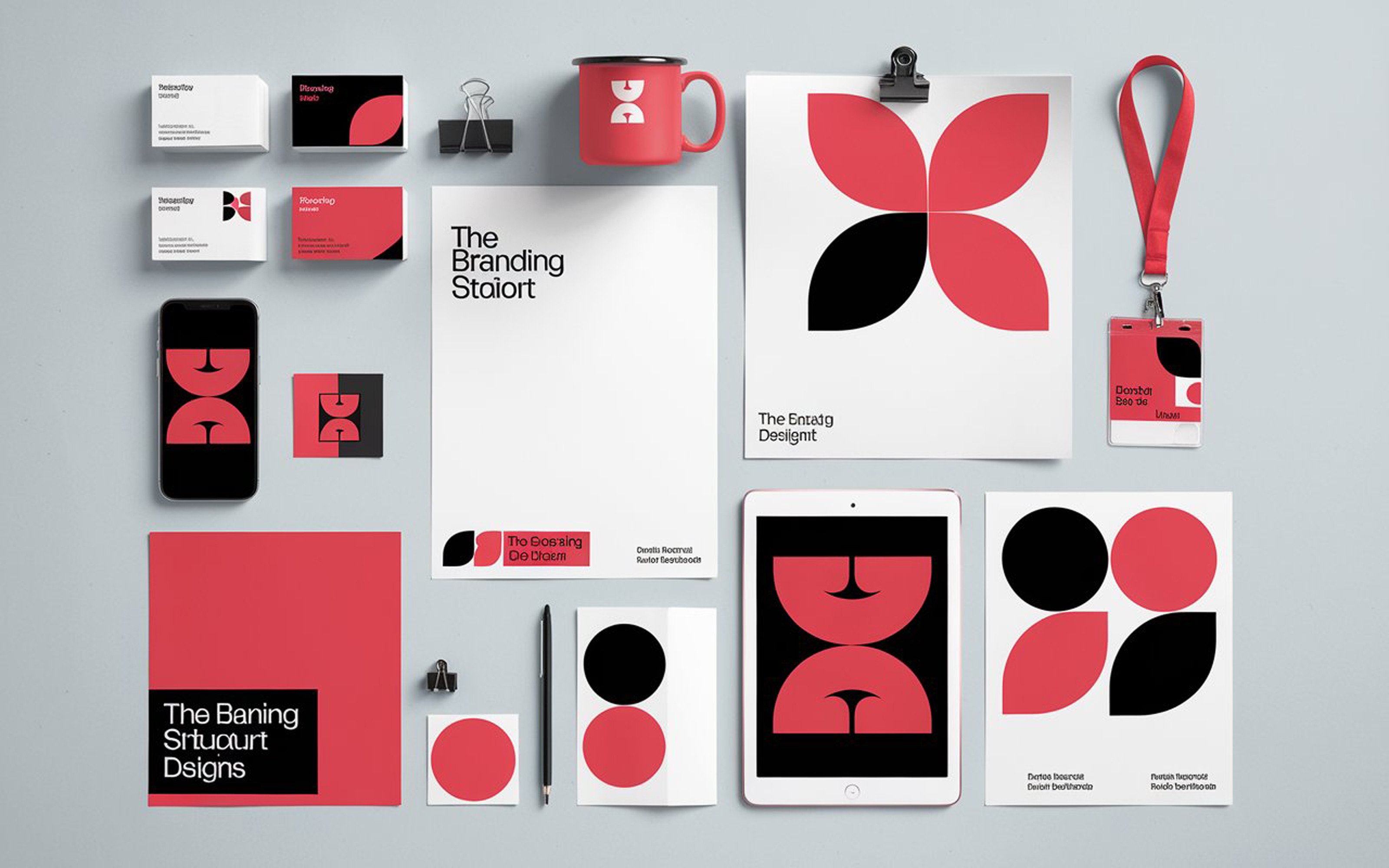 VI设计核心元素示意图:品牌LOGO、蓝灰调颜色方案、Sans-serif字体及3D图像元素,统一视觉语言适用于机场零售店品牌,提升品牌辨识度与跨平台一致性