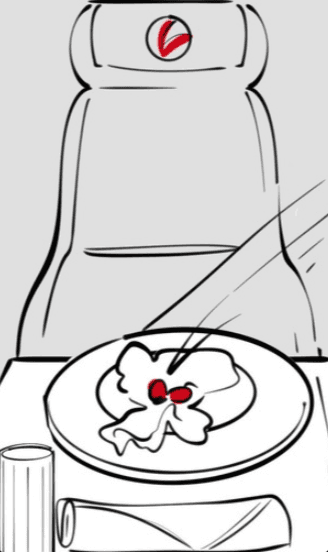 Black and white line sketches planning various scenes of an airline cabin experience