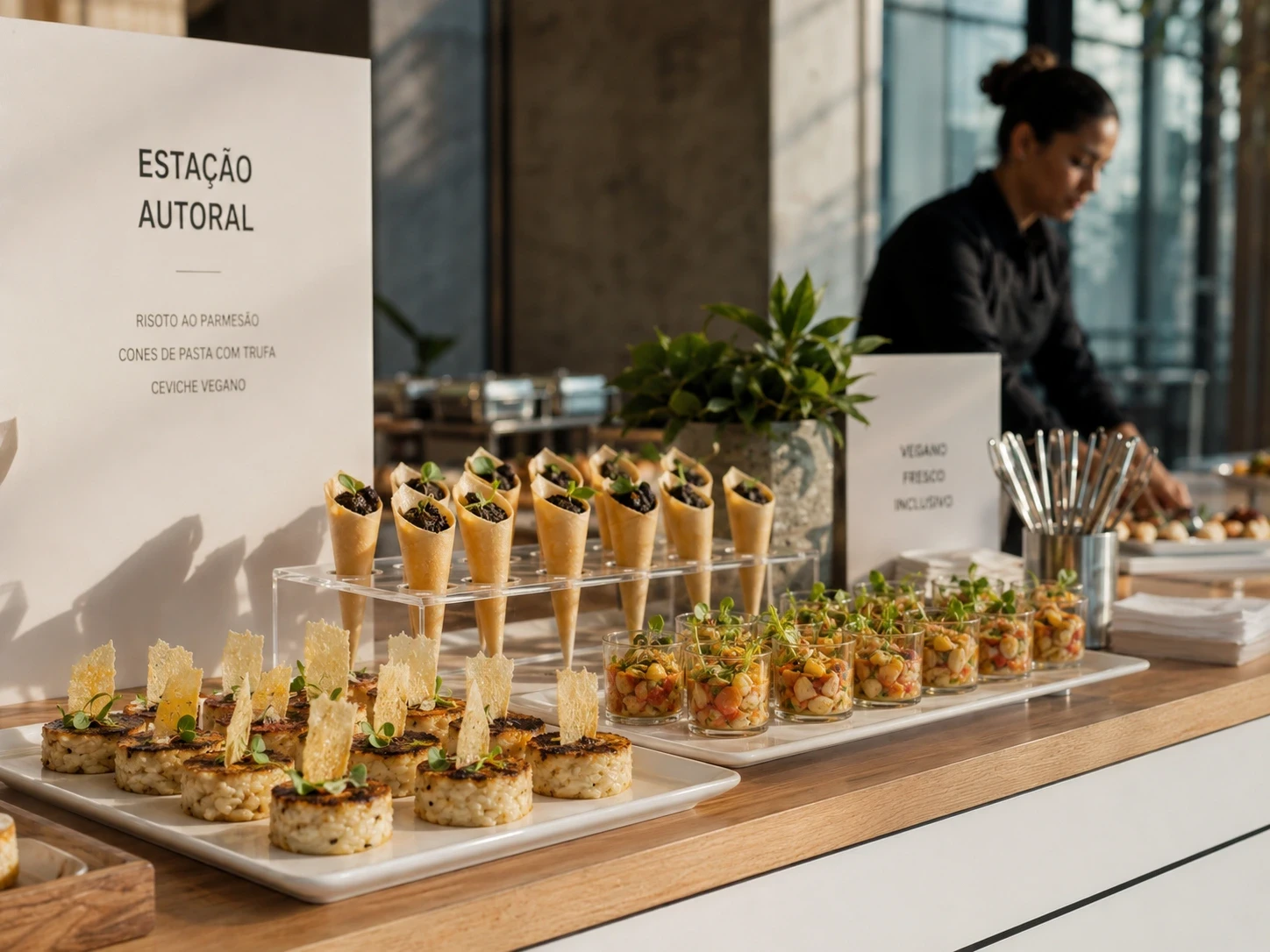 Estação de finger food autoral em confraternização corporativa em São Paulo